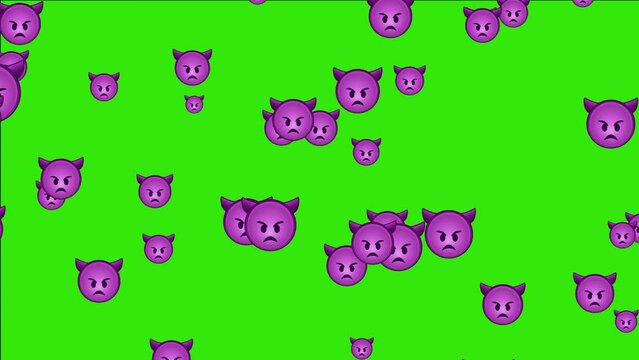 Evil devil emoji. Angry purple emoticon with devil horns. Animated falling emojis. Social media icons symbol animation with green screen background.