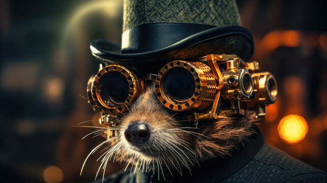 A steampunk rat wearing a top hat and goggles, AI