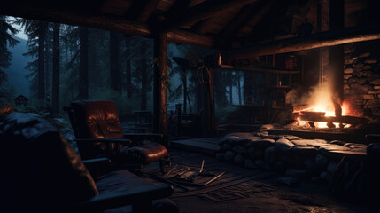 Relaxing Cabin in the Woods with Fireplace Background Design
