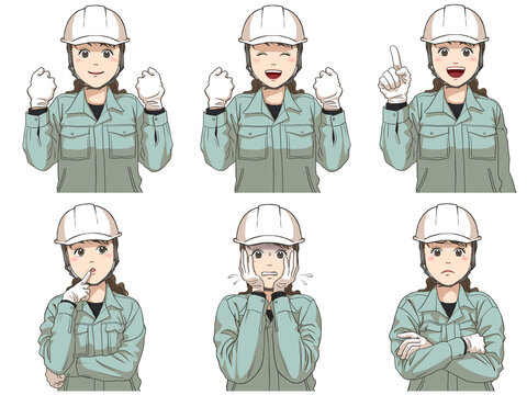 A set of various facial expressions of a female maintenance staff, wearing a safety helmet and gloves