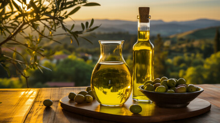 Fresh oil and olives on the table against the backdrop of a farm and olive grove, pure virgin oil