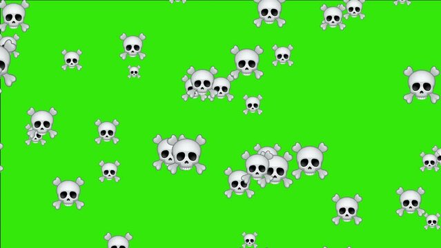 Skull with crossed bones vector emoji face emoji. Animated falling emojis. Social media icons symbol animation with green screen background.
