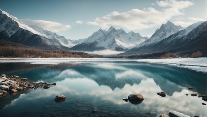 Una vista impresionante de una cadena montañosa, sus picos espolvoreados de nieve, mientras un lago tranquilo refleja el impresionante paisaje. - obrazy, fototapety, plakaty
