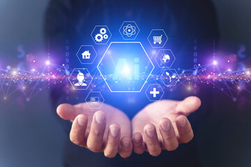 Ai technology concept. Man uses holographic interface business analytics and global technology.