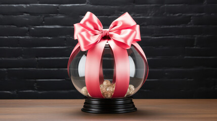  glass ball with pink ribbon on table
