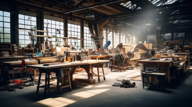 Artistic Industrial Maker's Space: A versatile workshop for artisans, crafters, and makers, featuring workbenches, tools, and creative materials