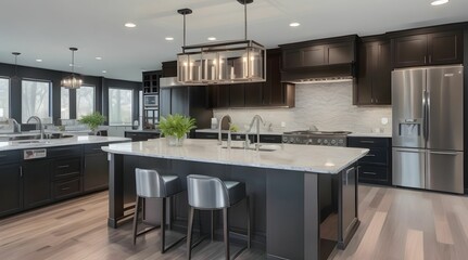 Fototapeta premium Kitchen in new luxury home with quartz waterfall island, hardwood floors, dark wood cabinets, and stainless steel appliances.