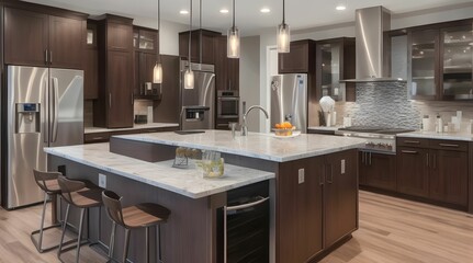 Kitchen in new luxury home with quartz waterfall island, hardwood floors, dark wood cabinets, and stainless steel appliances.