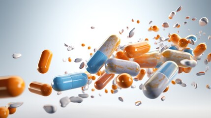 Pharmaceutical-themed background featuring tablets and capsules, symbolizing medication, healthcare, and the pharmaceutical industry. - obrazy, fototapety, plakaty