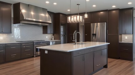 Kitchen in new luxury home with quartz waterfall island, hardwood floors, dark wood cabinets, and stainless steel appliances.