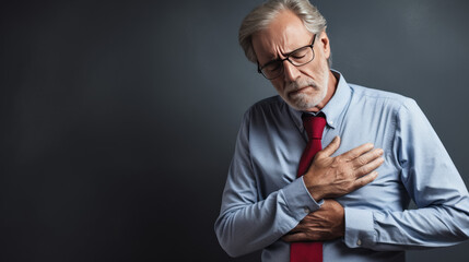 Businessman experiences a heart attack due to pressure and stress - obrazy, fototapety, plakaty