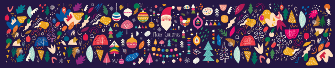 Fototapeta premium Christmas bright decorative banner with funny Santa Claus. Big Christmas and New Year collection with Santa Claus, Christmas tree and decorative holiday elements.
