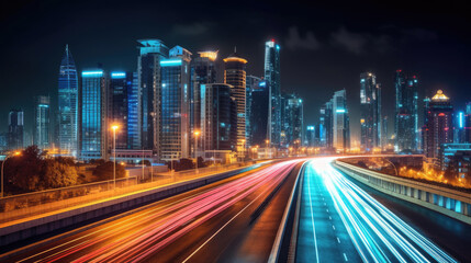 Fototapeta na wymiar Abstract business background with buildings and long exposure photo of a highway at night. business and finance, real estate property concept concept. Generative Ai