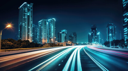 Fototapeta premium Abstract business background with buildings and long exposure photo of a highway at night. business and finance, real estate property concept concept. Generative Ai