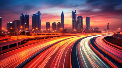 Abstract business background with buildings and long exposure photo of a highway at night. business and finance, real estate property concept concept. Generative Ai