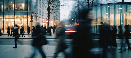 scène de rue, personnes marchant dans la rue d'une ville moderne avec bâtiment moderne, effet de vitesse de déplacement des pietons