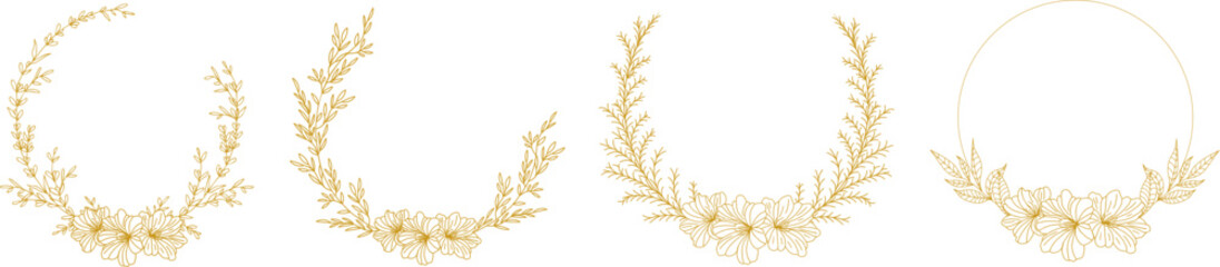 Luxury botanical gold wedding frame elements on white background. Set of circle shapes, glitters, eucalyptus leaves, leaf branches. Elegant foliage design for wedding, card, invitation, greeting