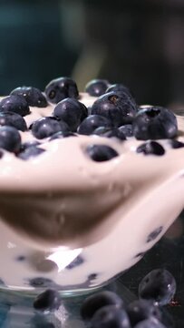 Yogurt with blueberry and mint, ice cream background. Tasty liquid Texture of white sour cream with blueberry. Creamy dairy product.