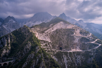 Aerial panorama of marble quarries Carrara. .Quarry in tuscany, Italy, Carrara - Italy. The scenic...