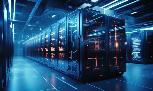 A modern data center featuring multiple servers, each equipped with glowing LED lights.