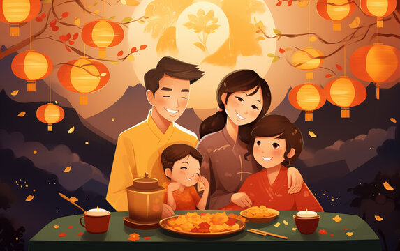 Chinese traditional festival family reunion illustration,created with generative ai tecnology.