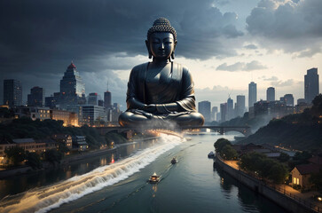 Fototapeta na wymiar River along the city and Buddha. Culture and religion concept illustration.