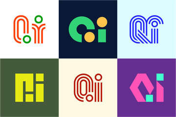 Set of letter QI logos. Abstract logos collection with letters. Geometrical abstract logos