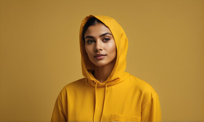 A beautiful woman in a yellow hood