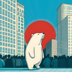 simple line of a cute polar bear in a big city with blue skyscrappers crowd big red sun 