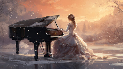 Creative illustration of a woman playing piano in winter