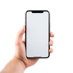 Hand holding black smartphone with blank white screen mockup, isolated on white background. Phone with modern frameless design for web site, app and advertisement.