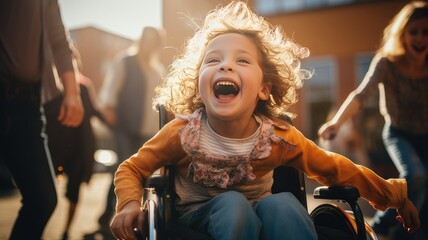 Girl in wheelchair playing happily with her friends