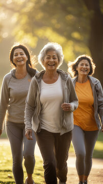 Three mature women walking in nature happy