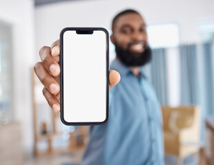 Business man, phone screen and mock up for social media marketing, ui or ux design and professional software. Office worker or designer in portrait with mobile app for website information or contact