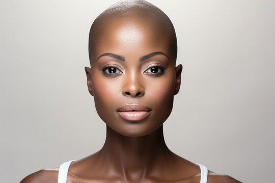 Black Bald Woman Look Camera On Grey Background Close Up Studio Portrait