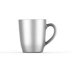 Metallic ceramic tea cup mockup template, porcelain coffee mug on white background, 3d render illustration