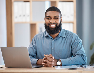 Smile, portrait and professional black man in the office with laptop working on legal case....