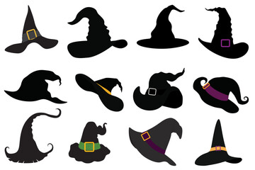 Collection of witch hats graphic elements design on white background.