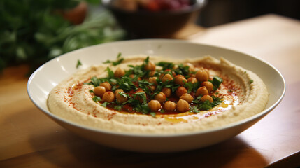 A vibrant bowl of hummus with chickpeas and fresh herbs brings an inviting burst of flavor to the table