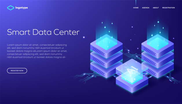Abstract web page template for smart data center or blockchain on dark background. Network infrastructure website layout concept. Isometric vector illustration with artificial intelligence.