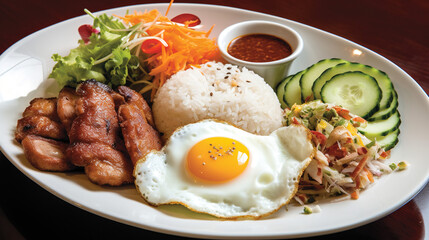 Com Tam A popular Vietnamese broken rice dish - - This delectable plate of food is a hearty combination of fluffy white rice, fried egg, and colorful vegetables that evoke feelings of warmth, comfort