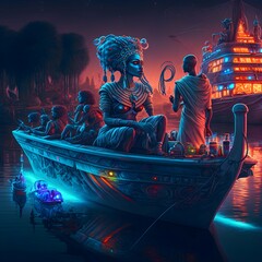 concept art afropunk hard science fiction lounging in a boat on the Nile river synergistic fishing beautiful harmony imagery neon being furturistic tech clothes energy streams Nile river all neon 