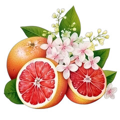Sliced grapefruit, with flowers isolated on white background, with flowers and leaves