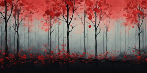 Illustration of a red forest, background, wallpaper, backdrop