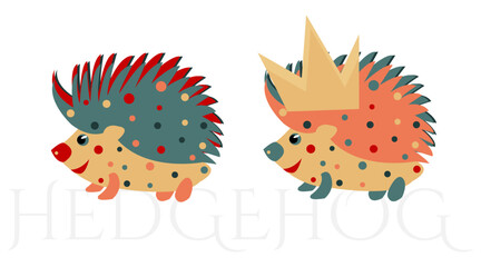 Set of two hedgehogs on white background with text hedgehog. Cute collection for kids. Vector illustration