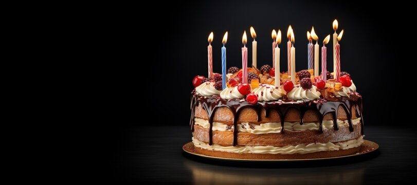 Generative AI, Birthday beautiful cake with fruit and candles, banner for congratulations
