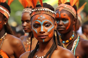 Group of happy African young people wearing face paint. Young African women and men in traditional colorful clothing, wearing colorful necklace and bracelet, showing tradition and culture