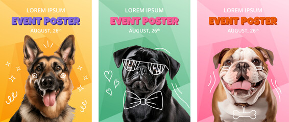Event vertical posters template with realistic Dogs different breeds. Celebration comic collage with pet Pug, German Shepherd, Bulldog. Vector set