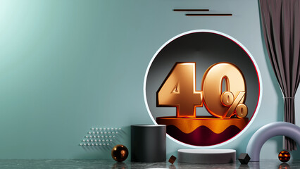 3D Illustration 40% or forty percent with product display podiums for social media banner, promotional campaign etc