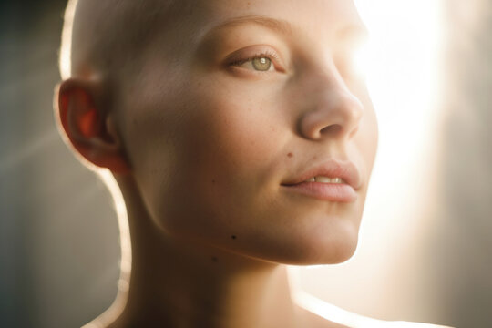 Profile portrait of a thin bald girl suffering from cancer. She looks calm. Sun rays. 